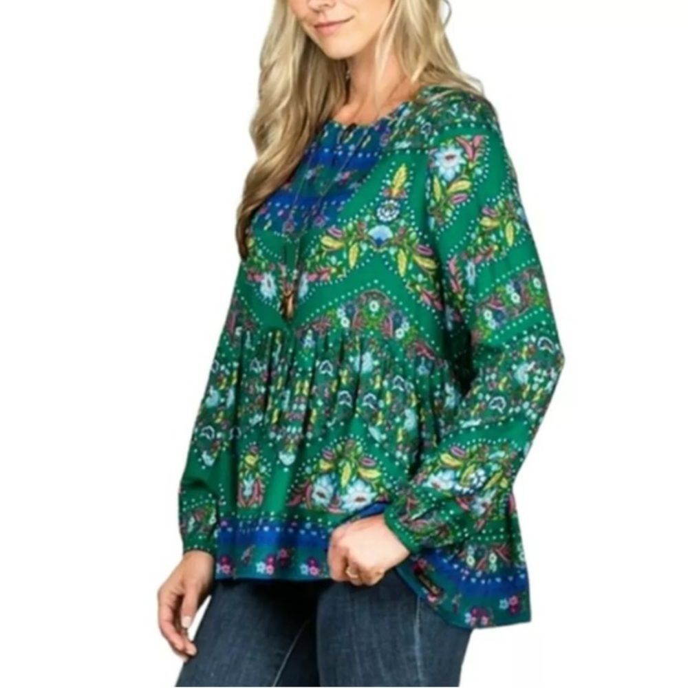 Matilda Jane Women's Evergreen Floral Print Flowy Boho Peplum LS Top Sz XS